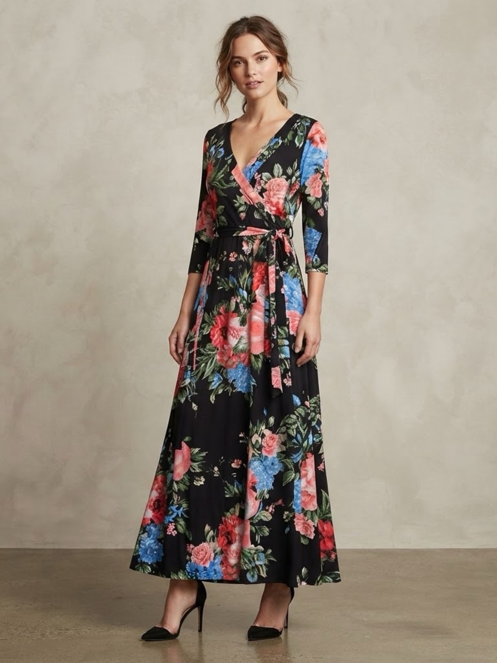 Janette Floral Maxi Dress Black Pink Sleeves Size M